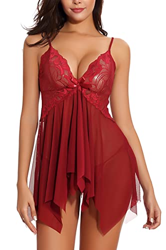 Sexy Dessous Damen Spitze Unterwäsche Tiefes V Vorne öffnen Umstandsmode Negligee Babydoll Unregelmäßiger Rock Kleid Set Reizwäsche Nachtwäsche mit Tanga Lingerie Sleepwear Nachthemd von ADSEXY