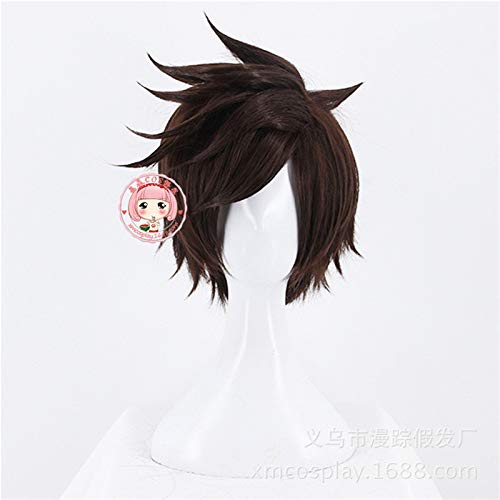 Overwatch Ow Tracer Cosplay Perücken Dunkel Kurz Fluffy Layered Synthetic Hair Hitzebeständigkeit Faser Rollenspiel Perücke Z-409 von ADTEMP
