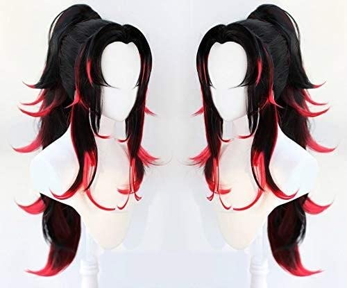 Wig Anime Cosplay Demon Slayer: Kimetsu no Yaiba Kokushibou Cosplay-Perücken Hochtemperaturfaser, schwarzes und rotes Haar + einzelne Pferdeschwänze + kostenlose Haarkappe von ADTEMP