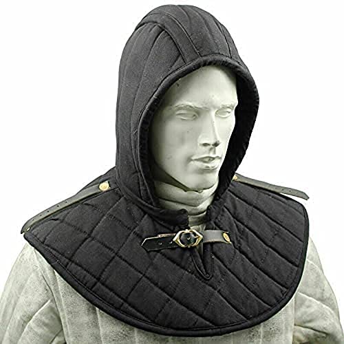 ADVIK ENTERPRISES Gambeson Mittelalterliche Baumwoll-Kapuze mit Collier SCA Kostüm Rüstung Gorged Protector | Mittelalterliche Renaissance Rüstung Gepolsterte Arming Cap Schwarz von ADVIK ENTERPRISES