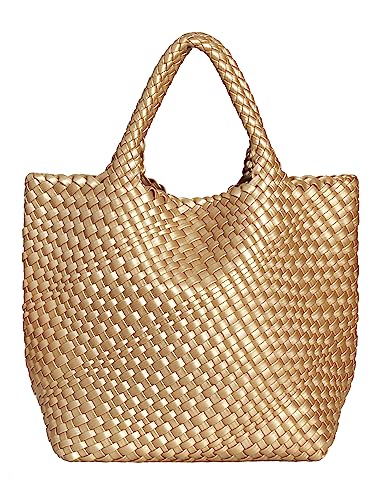 ADVRESF Gewebte Tote Bag für Frauen Vegane Leder Hand-gewebte Tote Handtasche mit Geldbörse Reise Umhängetasche Shopper Bag Wallet Große Kapazität Top Griff Mode Gold von ADVRESF