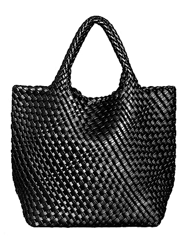 ADVRESF Gewebte Tote Bag für Frauen Vegane Leder Hand-gewebte Tote Handtasche mit Geldbörse Reise Umhängetasche Shopper Bag Wallet Große Kapazität Top Griff Mode Schwarz von ADVRESF