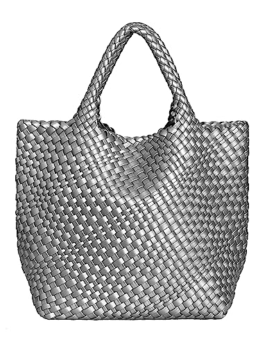 ADVRESF Gewebte Tote Bag für Frauen Vegane Leder Hand-gewebte Tote Handtasche mit Geldbörse Reise Umhängetasche Shopper Bag Wallet Große Kapazität Top Griff Mode Silber von ADVRESF