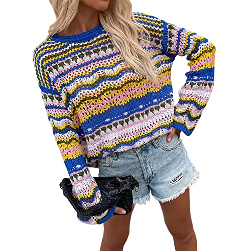 ADVRESF Häkelpullover für Damen Rundhals Langarm Pullover Hollow Out Bunter Pullover Crop Tops Regenbogen gestreift Durchschauen Strick Casual Pullover Blau L von ADVRESF