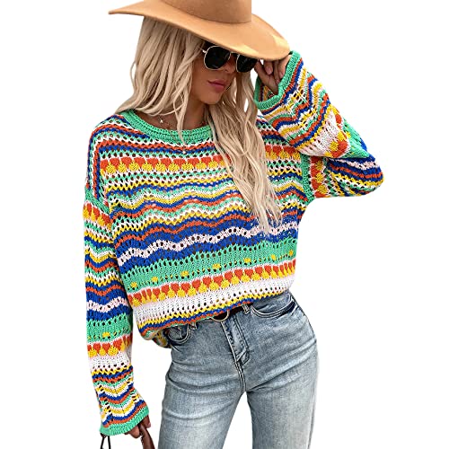 ADVRESF Häkelpullover für Damen Rundhals Langarm Pullover Hollow Out Bunter Pullover Crop Tops Regenbogen gestreift Durchschauen Strick Casual Pullover Grün L von ADVRESF