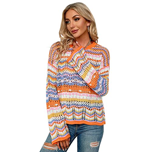 ADVRESF Häkelpullover für Damen Rundhals Langarm Pullover Hollow Out Bunter Pullover Crop Tops Regenbogen gestreift Durchschauen Strick Casual Pullover Orange S von ADVRESF