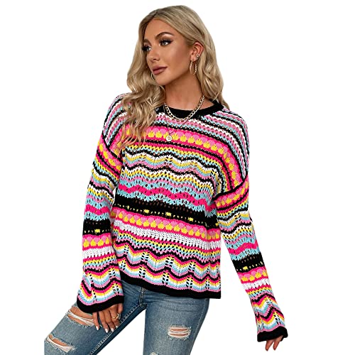 ADVRESF Häkelpullover für Damen Rundhals Langarm Pullover Hollow Out Bunter Pullover Crop Tops Regenbogen gestreift Durchschauen Strick Casual Pullover Schwarz L von ADVRESF