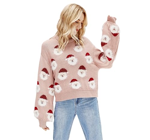 ADVRESF Neue hässliche Weihnachtspullover für Frauen Santa Claws Print Strickpulli Rundhals Winter Ugly Christmas Sweater Xmas Pullover Langarm Niedlich Sweatshirt Party Rosa M von ADVRESF