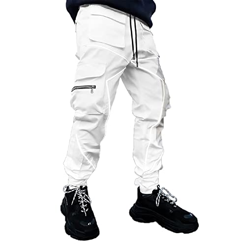 Herren Cargo Hosen Hip Hop Techwear Harem Hose Jogger Sweatpants mit Taschen Jogging Punk Lässig Weiß L von ADVRESF