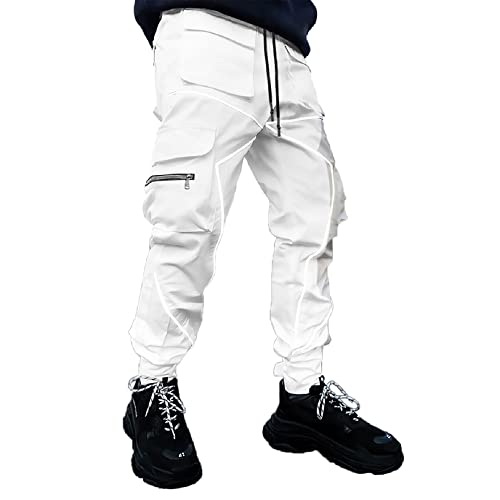 Herren Cargo Hosen Hip Hop Techwear Harem Hose Jogger Sweatpants mit Taschen Jogging Punk Lässig Weiß XL von ADVRESF