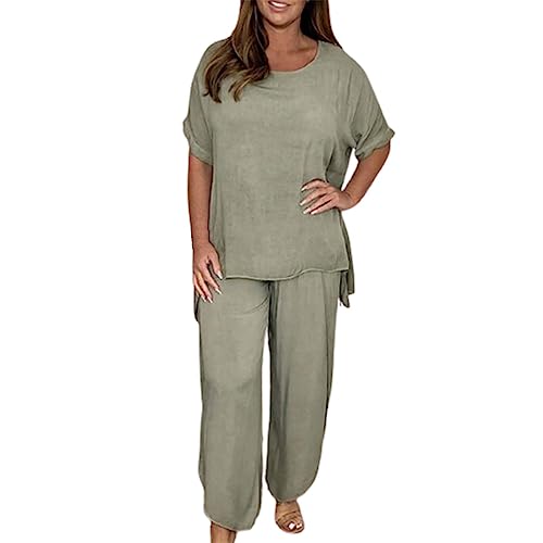 2-teiliges Set mit kurzärmliger 2-teiliger Hosenanzug mit Ärmeln, Bluse mit geschlitztem Saum und Hose mit weitem Bein für Damen Plus GrößE Sommer-Outfits Frauen #A von ADXFWORU