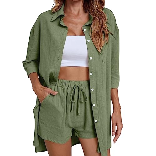 ADXFWORU Einfarbig Button Down Hemd und Shorts Set Outfit 2 Teiler Damen Sommer Freizeitanzug Lange Hosen Outfit Set Damen Zweiteiler Revers Casual Loungewear Hosenanzug Y2K Streetwear von ADXFWORU