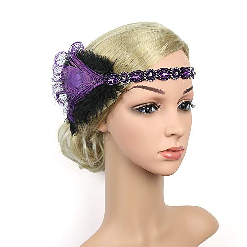 Headband Flapper der 20er Jahre Great Headstück Vintage-Kopfschmuck Tennistasche Mädchen (Purple, One Size) von ADXFWORU