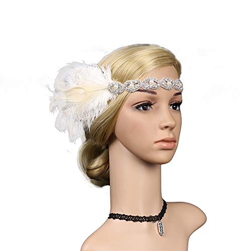Headband Flapper der 20er Jahre Great Headstück Vintage-Kopfschmuck Tennistasche Mädchen (White, One Size) von ADXFWORU