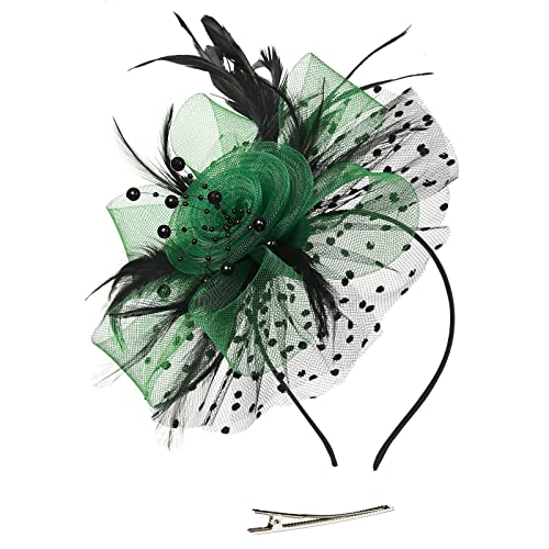 Hut für Frauen, Hochzeit, Cocktail, Mesh, Federn, Haarspange, Teeparty-Stirnband Kopfband Herren Japan (Army Green, One Size) von ADXFWORU