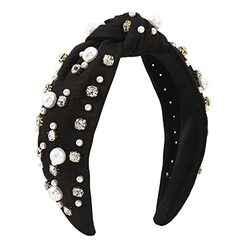 Modische Stirnbänder für Frauen Mädchen Stirnbänder Vintage Stirnband breiter Knoten Perlen Haarreifen für lässige Hochzeit Schlüsselanhänger Tanzen (Black, One Size) von ADXFWORU