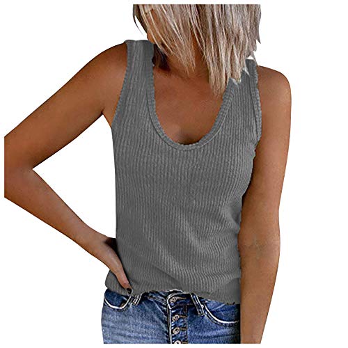 Rippshirt Damen Top Geripptes Top Damen Oberteile Damen Sommer Sexy V-Ausschnitt mit Knopfleiste Basic Solide Rippshirt Tank Top Trägertop Bluse Ärmellos Oberteil Hemd Y2K Streetwear #Y von ADXFWORU