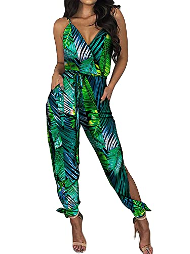 ADYD Damen Jumpsuit Sexy Ärmellos Rückenfrei Tiefer V-Ausschnitt Overall Causal Print Neckholder Sling Overall mit Taschen Lang Playsuit Breites Bein Romper (Green, Medium) von ADYD