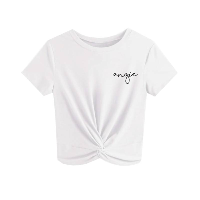 Benutzerdefinierte Text Twist Front Kurzarm Crop Midi Top Shirt - Anpassen Twist Front Bachelorette Party T-Shirt, Business Logo, Tanz von ADashofChic