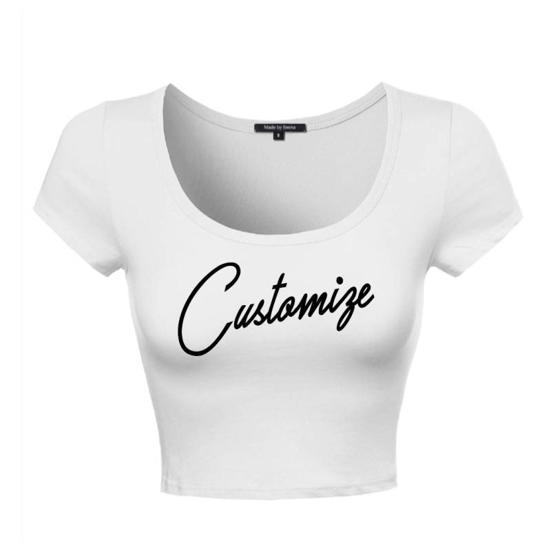 Benutzerdefinierter Text Weißer Rundhalsausschnitt Kurzarm Crop Midi Top Shirt - Anpassen Basic Front Bachelorette Trendy Fun Personalisiertes von ADashofChic