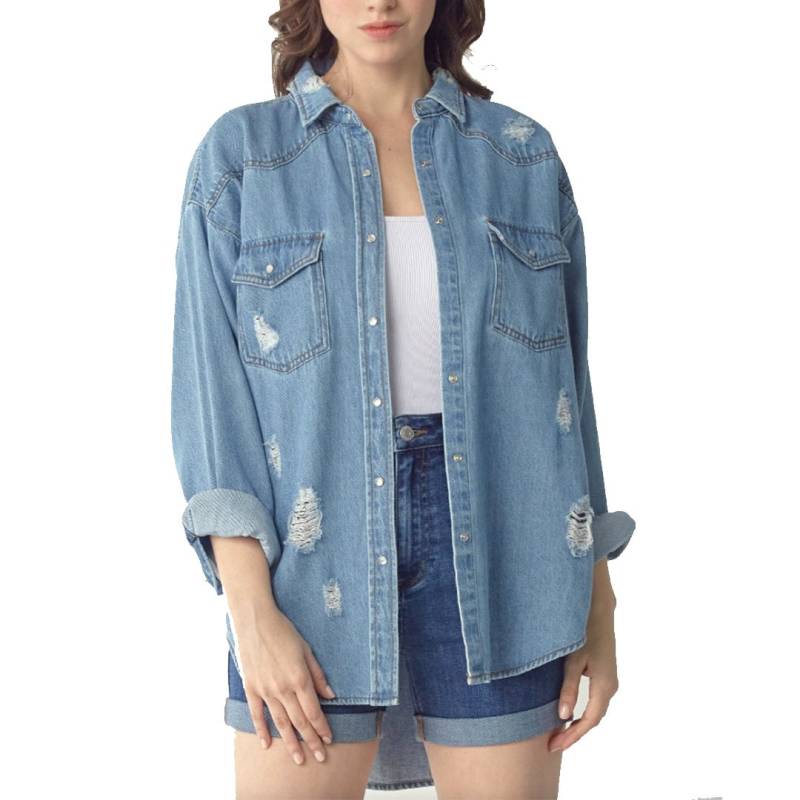 Custom Text Übergroße Distressed Mid-Wash-Denim-Shirt-Jacke - Passen Sie Ihre Eigenen Leichten Premium-Denim-Shirt-Langarm Personalize von ADashofChic