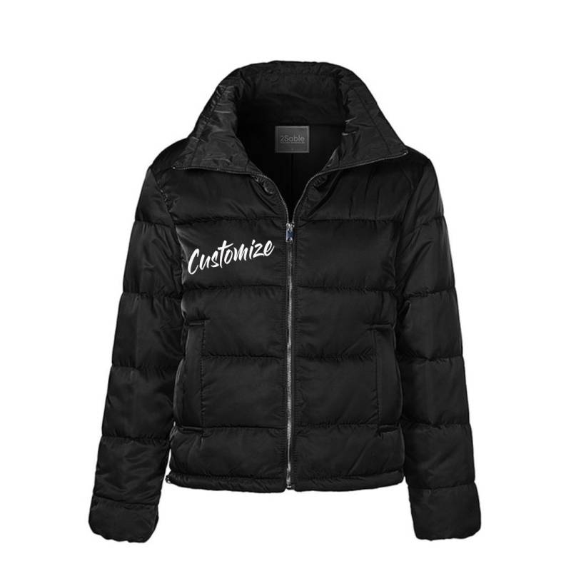 Frauen Benutzerdefinierte Schwarze Puffer Jacke Lange Ärmel Reißverschluss Bis - Classic Personalisieren Bomber Custom Text Stehkragen von ADashofChic