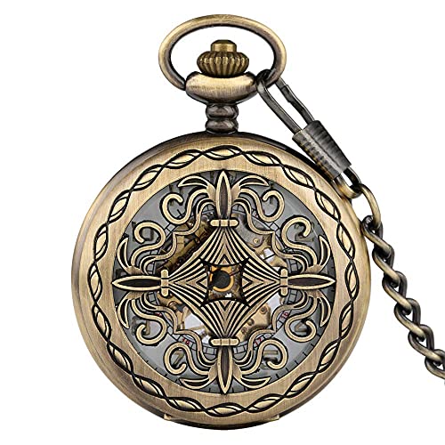 ADovz Taschenuhr Exquisite Hohle Abdeckung Bronze mechanische Taschenuhr arabische Zahl Skelett Anhänger Taschenuhren Handaufzug Retro-Uhr (Color : Watch with Box) von ADovz