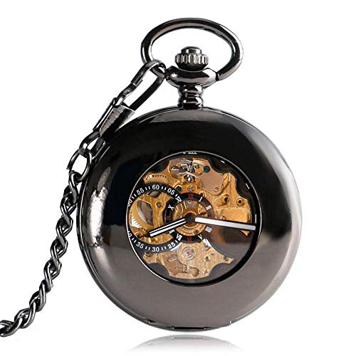 ADovz Taschenuhr Neue Coole Hohle Schwarze Glatte Gehäuse Skelett römische Zahl mechanische Taschenuhr mit Selbstaufzug Steampunk Taschenuhren mit Kette von ADovz