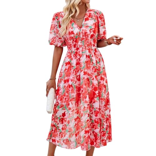 ADovz V-Ausschnitt Floral gesmoktes Strandkleid fließende Wickel-Sommerkleider für Damen, florales Wickelkleid, V-Ausschnitt, Midi-Kleid, kurzärmelig (rot, S) von ADovz