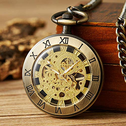 ADovz Vintage mechanische Taschenuhr mit Handaufzug, Taschenuhren, römische Ziffern, graviertes Zifferblatt, Skelett mit Kette for Männer und Frauen (Color : Copper2) von ADovz