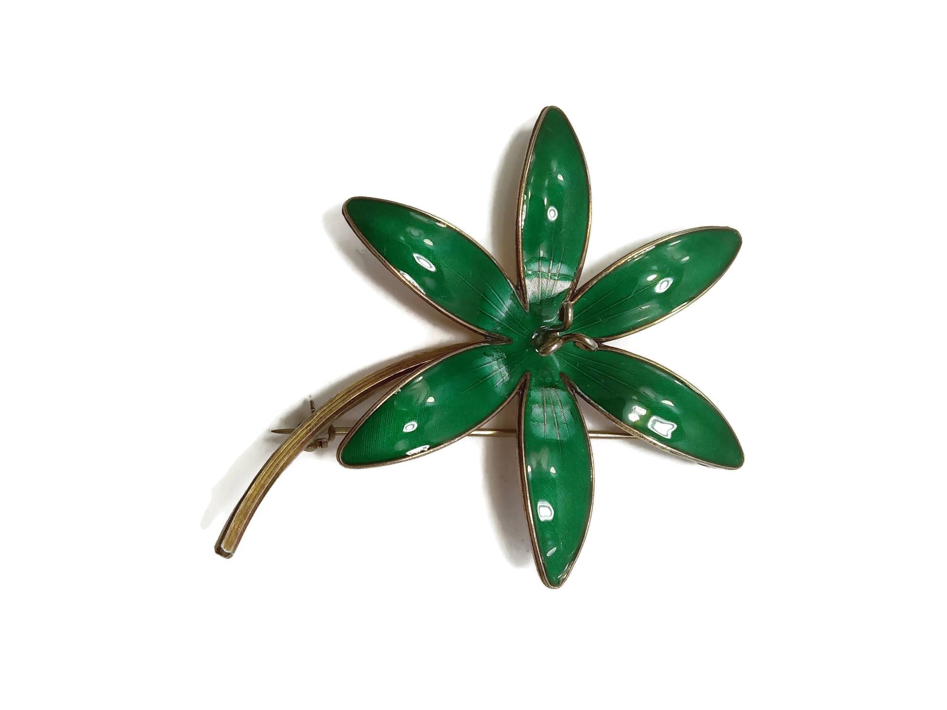 Bernard Meldahl Vintage Vergoldetes Sterling Silber Mit Grüner Emaille Blumen Brosche. Punziert 925 Bm Made in Norwegen von ADreamersCarnival