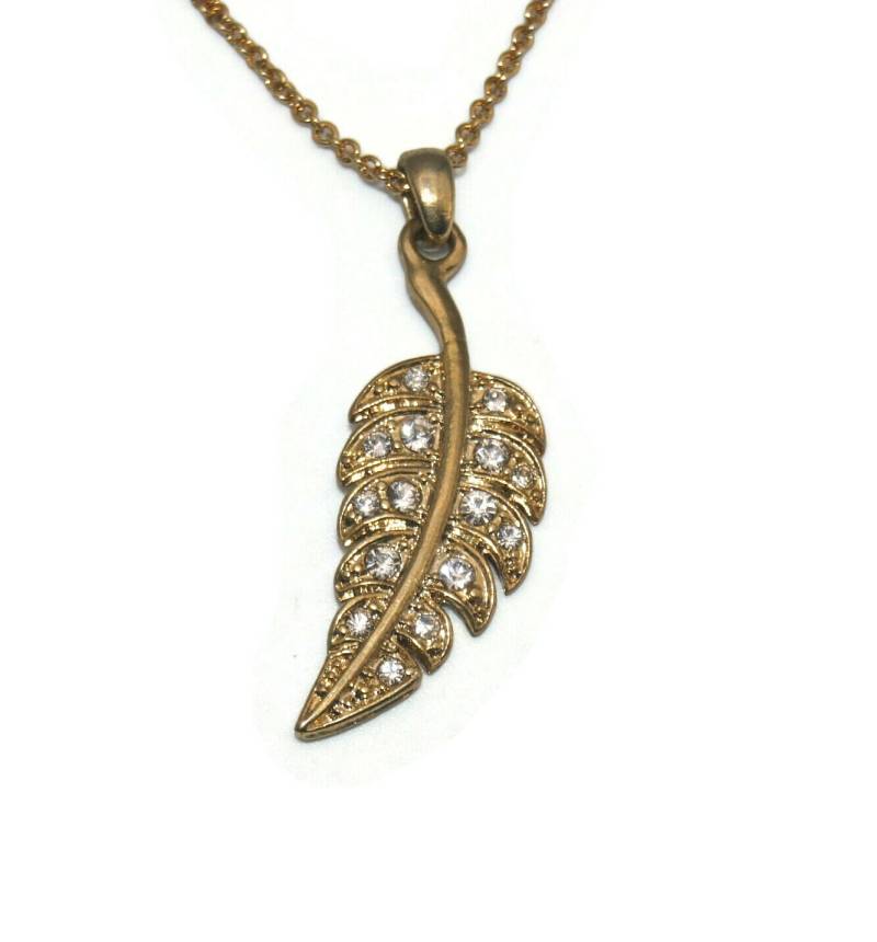 Vintage Avon Gold Ton Und Klar Strass Blatt Anhänger An 16 Zoll Kette Mit Karabinerverschluss. Sp Hallmark Tag von ADreamersCarnival