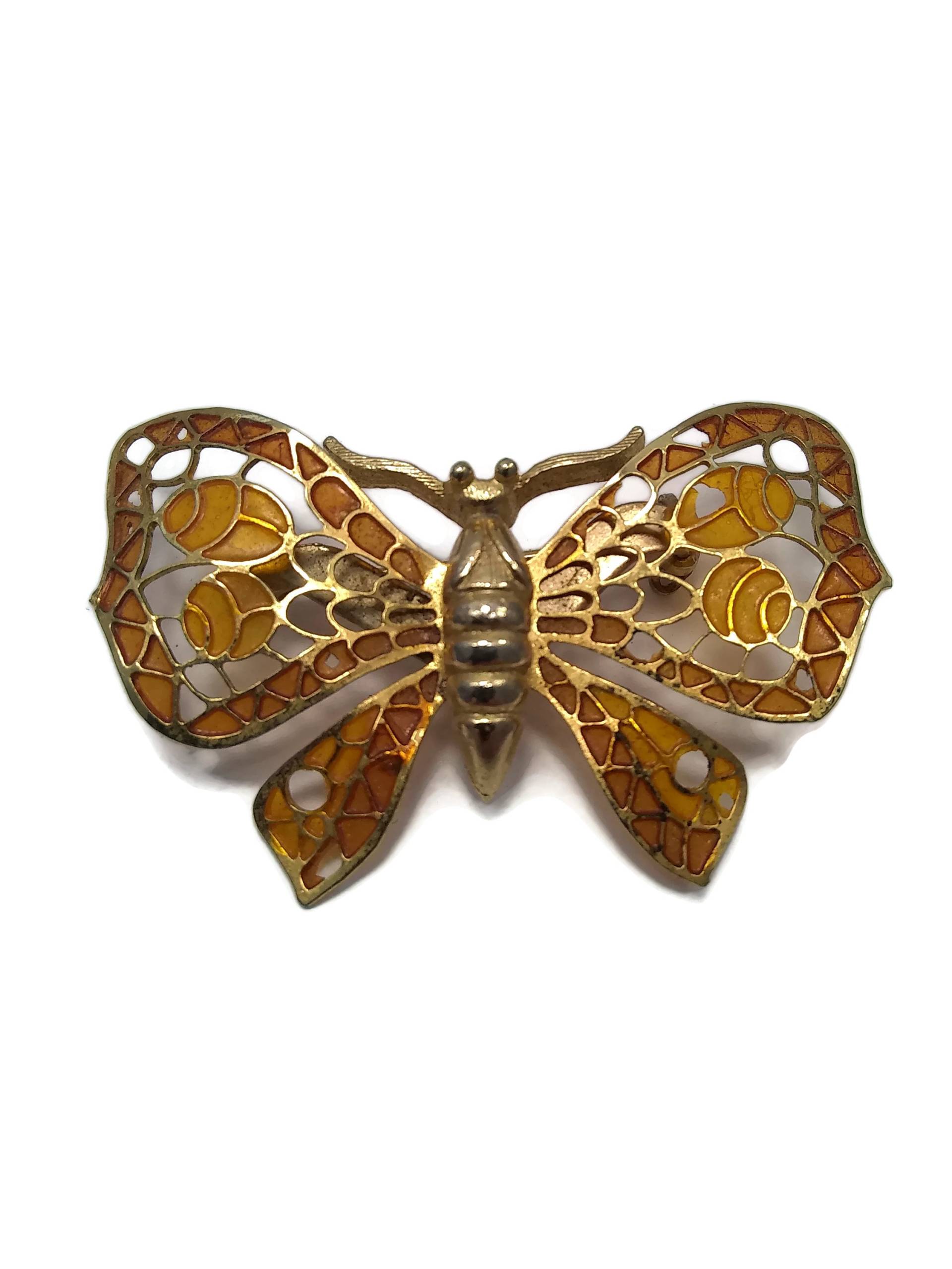 Vintage Gold Ton Cut Out Und Orange Braun Emaillierte Schmetterling Brosche von ADreamersCarnival