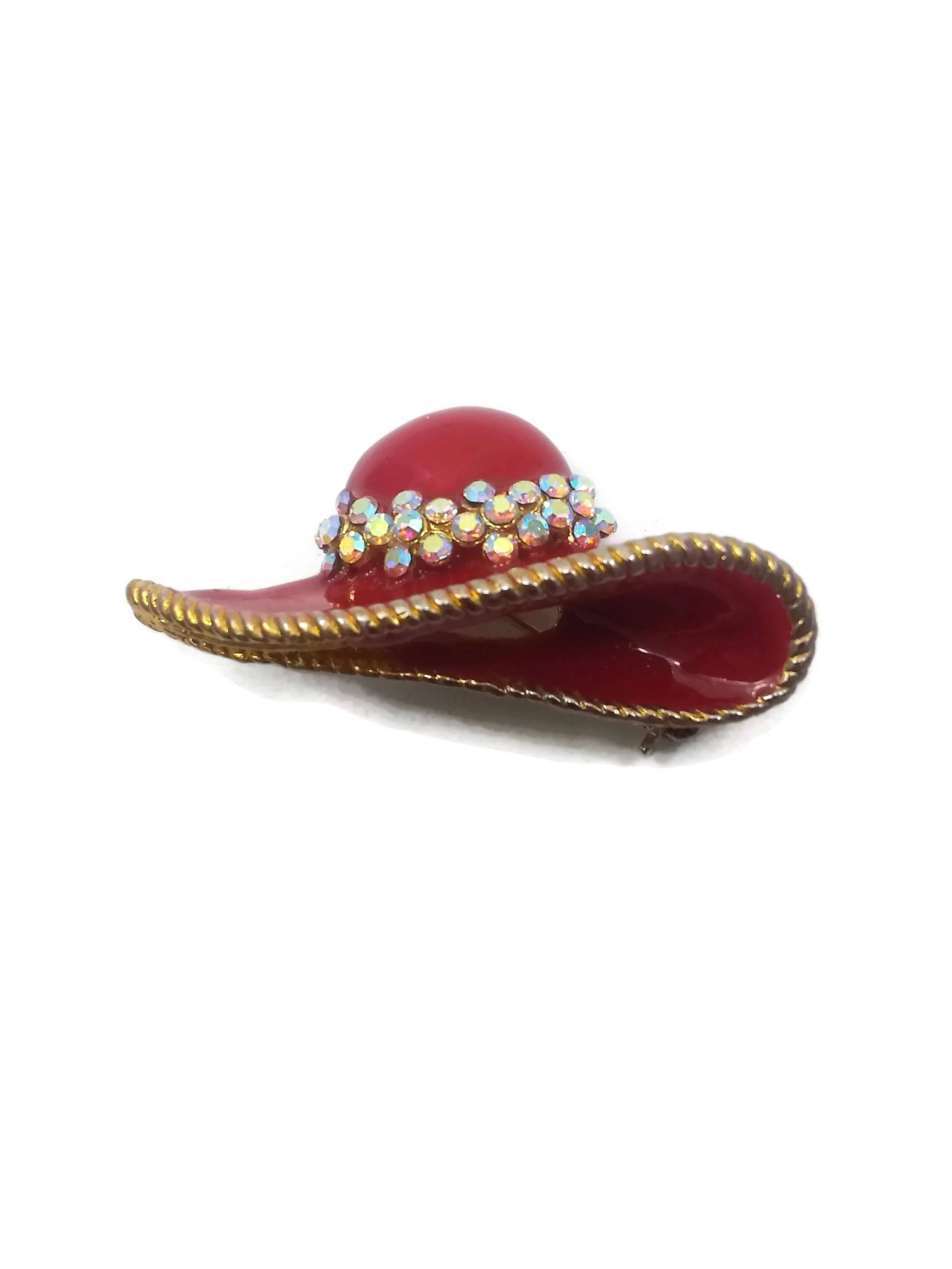 Vintage Gold Ton Rote Emaille Und Ab Strass Hut Gesellschaft Inspiriert Brosche von ADreamersCarnival