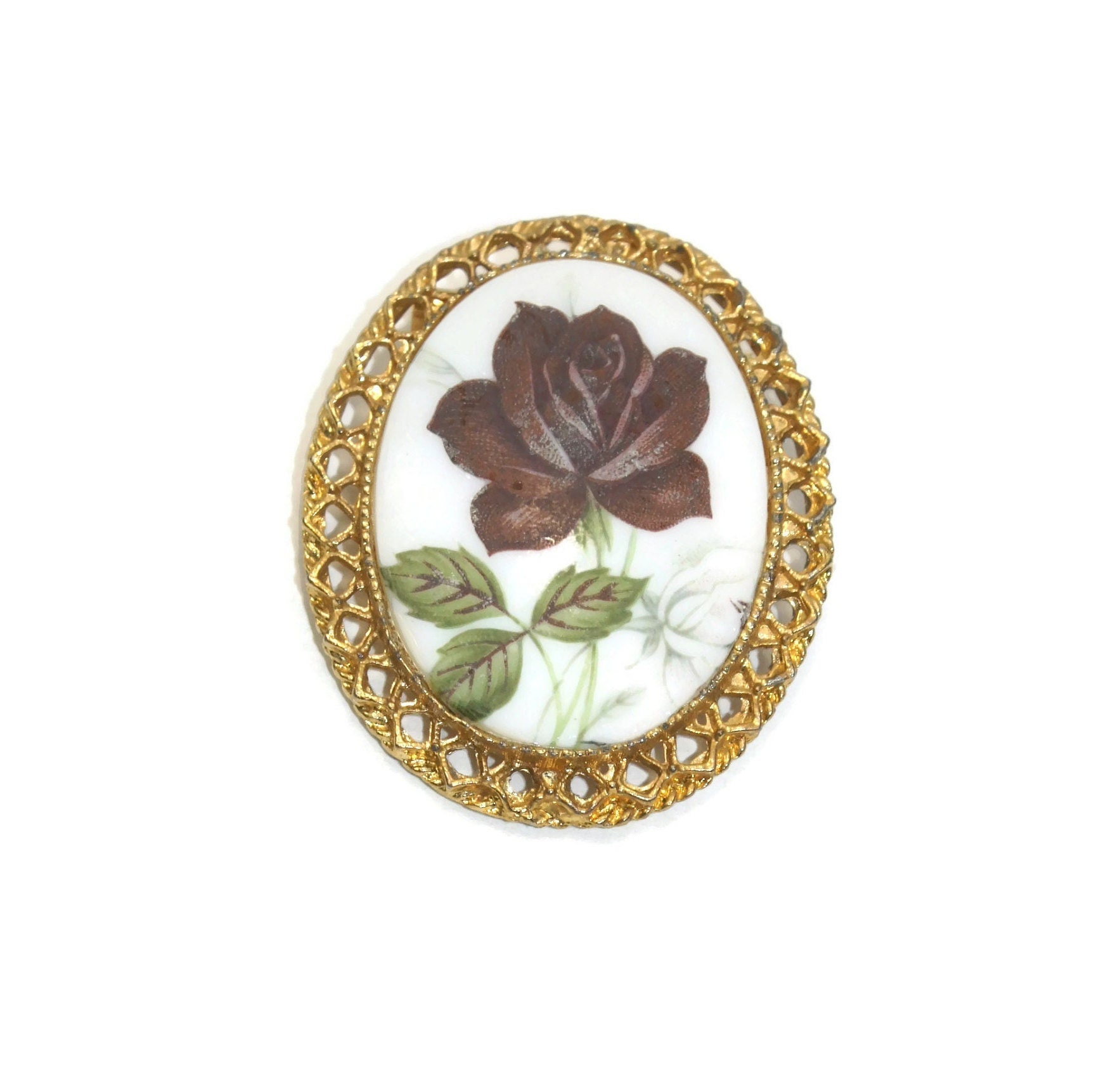 Vintage Gold Ton Und Keramik Oval Brosche Mit Hand Bemalt Rote Rose von ADreamersCarnival