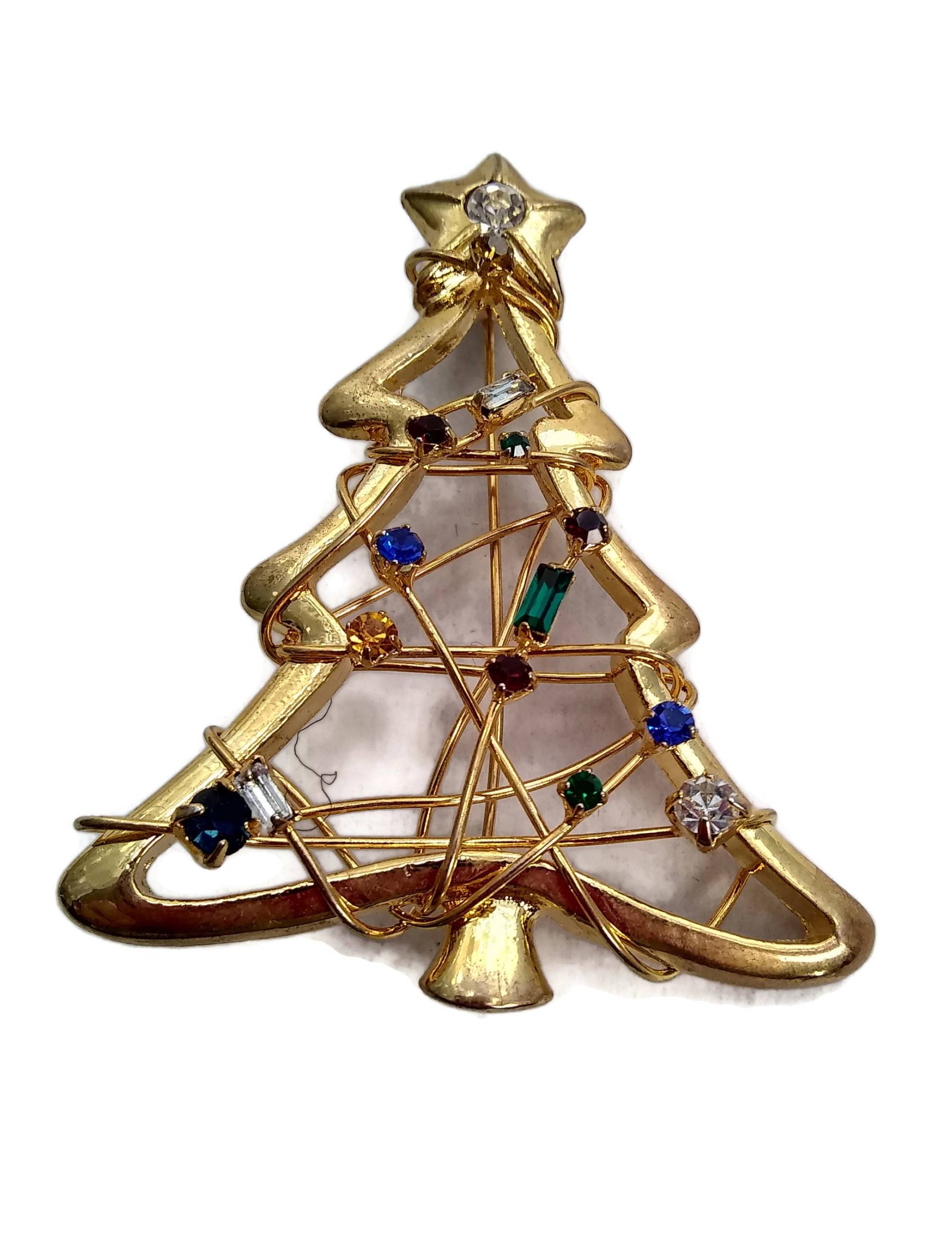 "Vintage Gold Ton Weihnachtsbaum Brosche Mit Bunten Strass "Ornaments" Winter Weihnachten Feiertage Grün Blau Rot Draht." von ADreamersCarnival