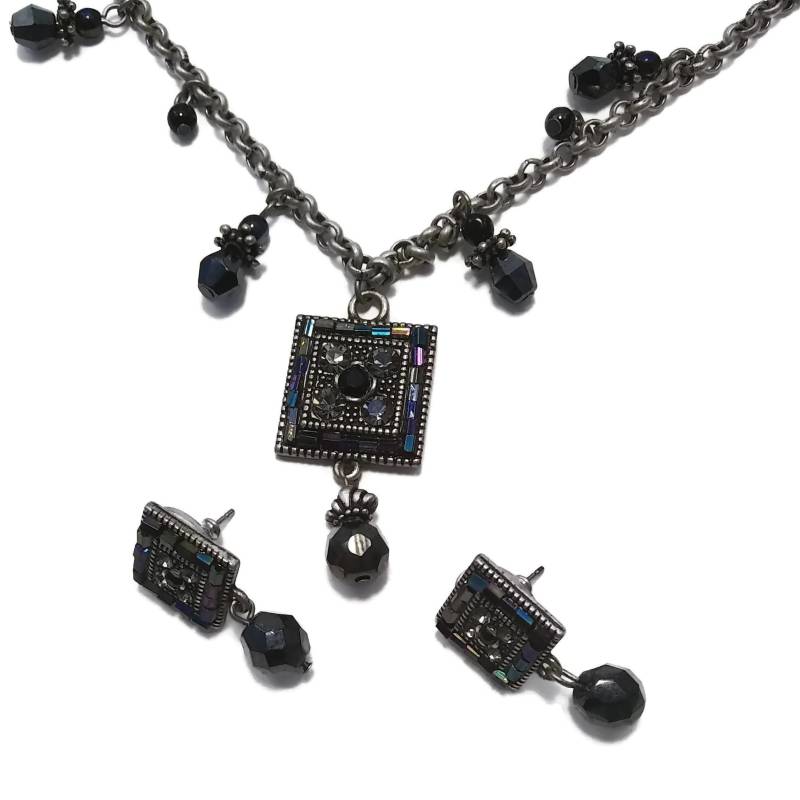 Vintage Premier Designs Mystique Silber Tone Schwarzes Glas Und Grau Strass Halskette Ohrringe Schmuck-Set. Pd Crown Hallmark Tag von ADreamersCarnival