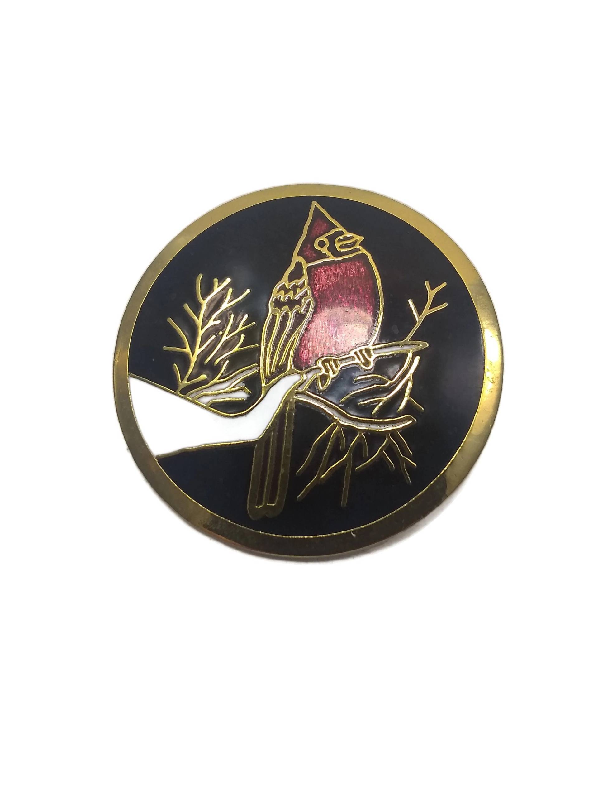 Vintage Runde Gold Ton Rot, Schwarz Und Weiß Emaille Cloisonne Kardinal Vogel Brosche von ADreamersCarnival