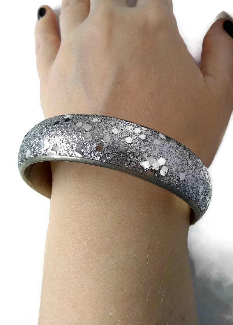 Vintage Silber Ton Schimmernd, Glitzer, Pailletten 8 Zoll Armreif Für Den Täglichen Gebrauch von ADreamersCarnival