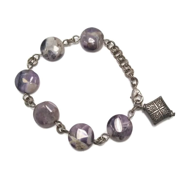 Vintage Silber Ton Und Poliert Disk Lila Achat Edelstein Perlen Link Armband. 18 1/2 Inch Armband Mit Karabiner Verschluss von ADreamersCarnival