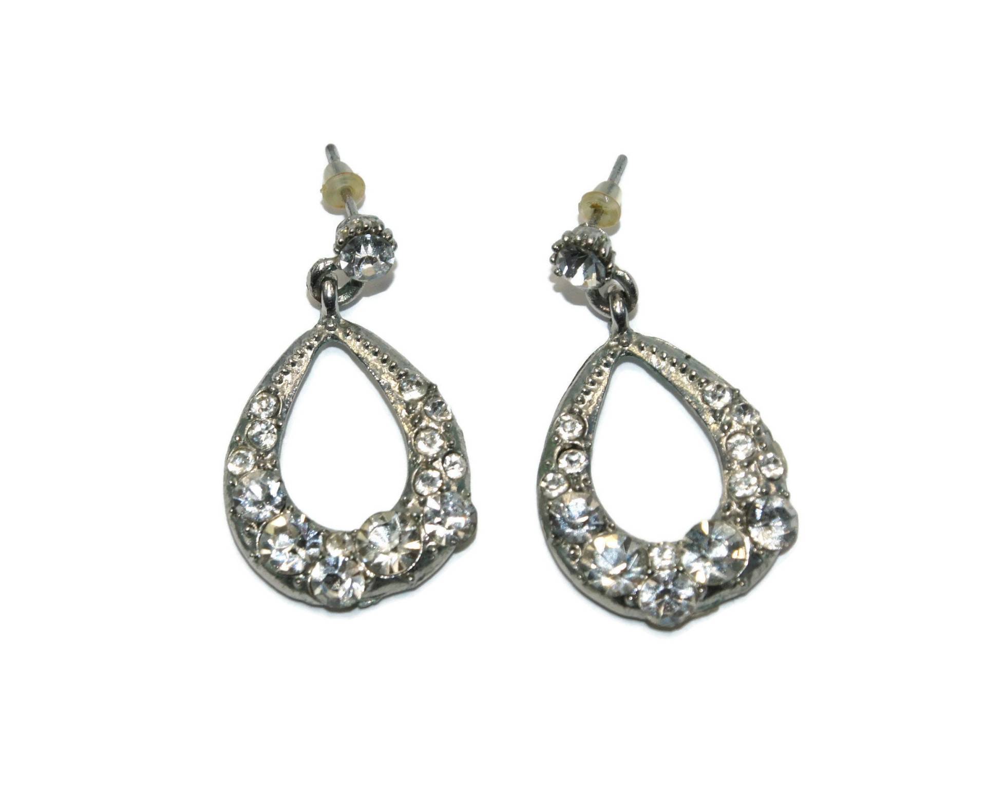 Vintage Silber Ton & Strass Teardrop Baumeln Ohrringe Mit Pfosten-Rücken Für Durchbohrte Ohren. Mid-Century Style Ohrringe. Abend Abendgarderobe von ADreamersCarnival