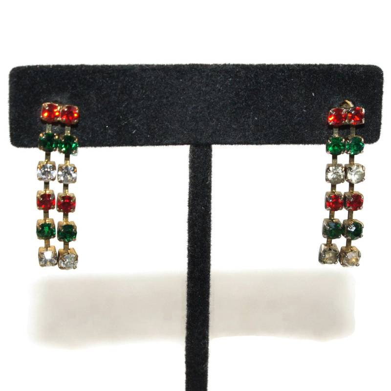 Vintage Silber Und Gold Ton, Rote, Grüne Klare Strasssteine Baumeln Weihnachtsohrringe Mit Pfosten Rückseiten Für Durchbohrte Ohren von ADreamersCarnival