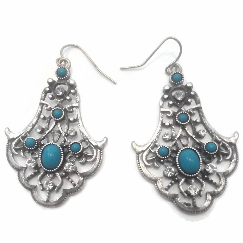 Vintage Silberfarbene Ohrringe Mit Strasssteinen Und Künstlichem Türkis. Haken-Verschlüsse Für Durchbohrte Ohren von ADreamersCarnival