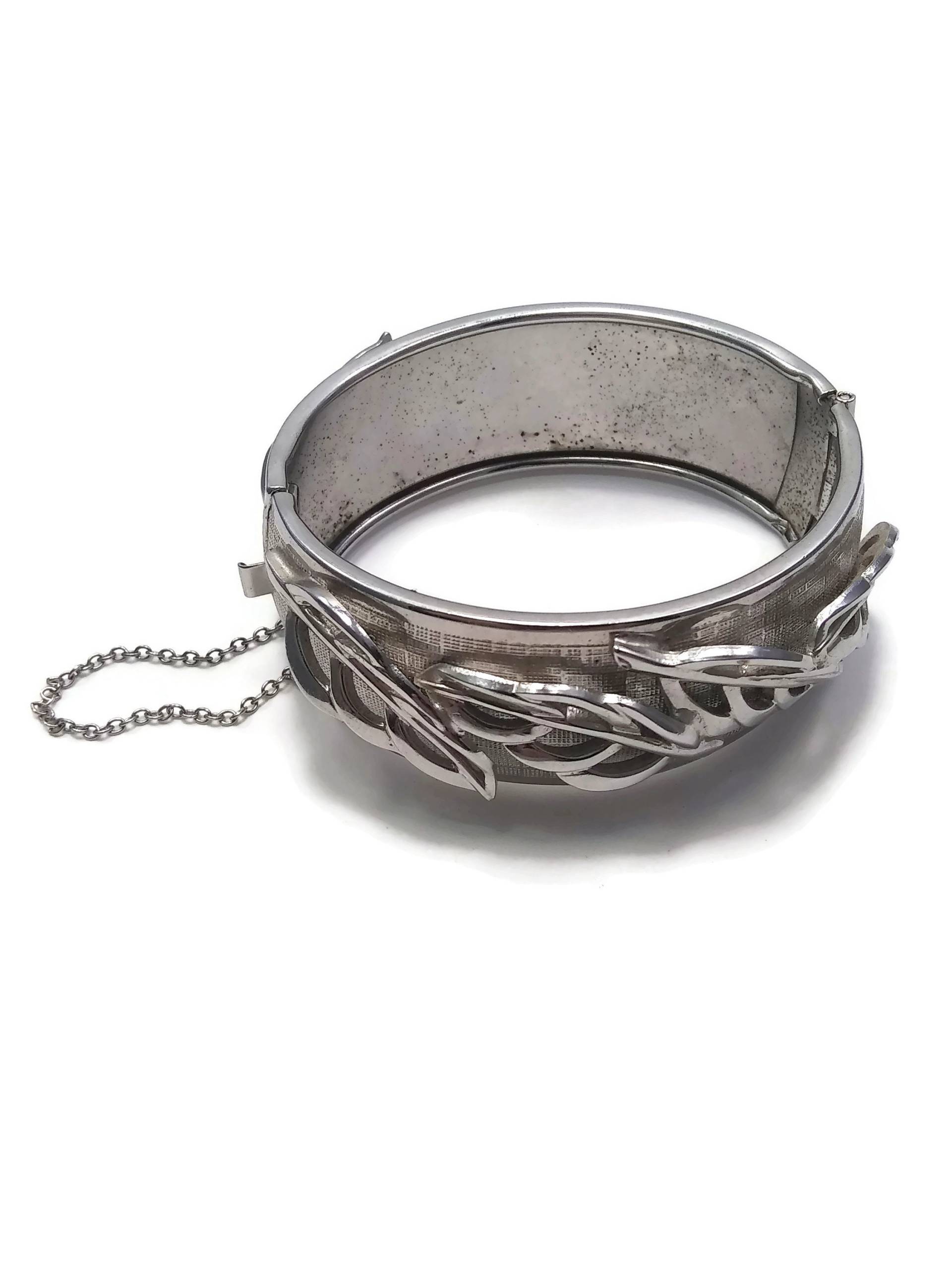 Weißes Weißes Armband Mit Ringklemme, Vintage Silber Tone Leaf Design Klemmarmband. Herstellerpunze von ADreamersCarnival