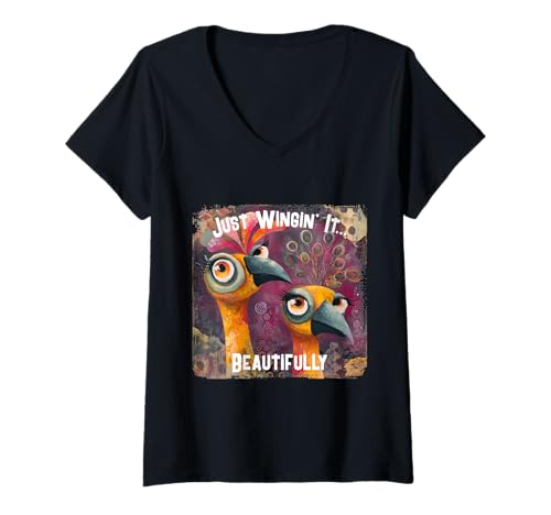 Damen Just Wingin It Wunderschönes, positives Motivationsdesign T-Shirt mit V-Ausschnitt von AE Graphix