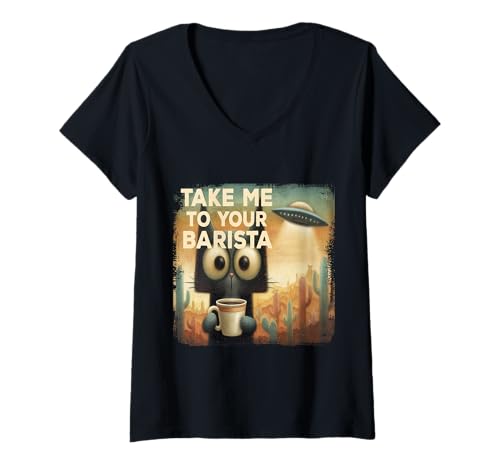 Damen Lustige Katze Kaffee UFO Geschenk für Koffeinliebhaber T-Shirt mit V-Ausschnitt Damen Lustige Katze Kaffee UFO Geschenk für Koffeinliebhaber T-Shirt mit V-Ausschnitt von AE Graphix