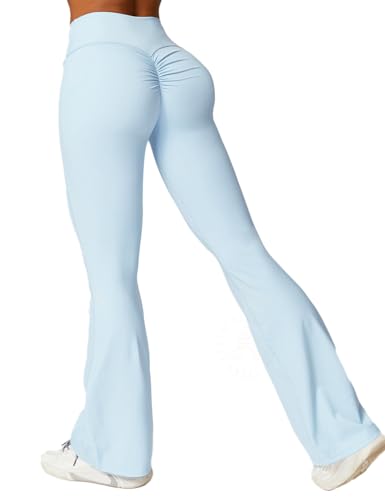 AEEZO Damen Scrunch Flare Leggings Butt Lift Hohe Taille Bootcut Yogahose Bauchkontrolle Glockenunterteil Leggings, #1 Himmelblau, M von AEEZO