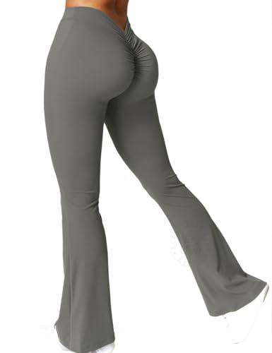 AEEZO Damen Scrunch Flare Leggings Butt Lift Hohe Taille Bootcut Yogahose Bauchkontrolle Glockenunterteil Leggings, #2 V Back Grey, M von AEEZO