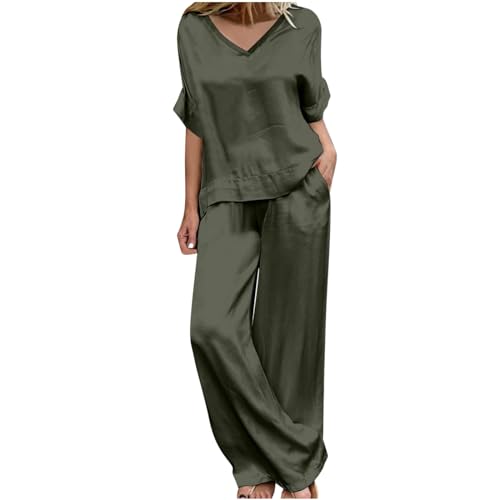 Dünn Damen Hosenanzug Elegant 2-Teiliges Satin Batwing Ärmel Unregelmäßiger Shirts + Hohe Taille Einfarbig Weites Bein Hose Zweiteiler Sets Hochzeit Festlich Abendanzug Freizeitanzug Outfit von AEGJEGVD