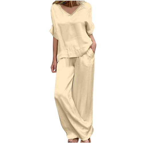 Dünn Damen Hosenanzug Elegant 2-Teiliges Satin Batwing Ärmel Unregelmäßiger Shirts + Hohe Taille Einfarbig Weites Bein Hose Zweiteiler Sets Hochzeit Festlich Abendanzug Freizeitanzug Outfit Dünn Damen Hosenanzug Elegant 2-Teiliges Satin Batwing Ärmel Unregelmäßiger Shirts + Hohe Taille Einfarbig Weites Bein Hose Zweiteiler Sets Hochzeit Festlich Abendanzug Freizeitanzug Outfit von AEGJEGVD